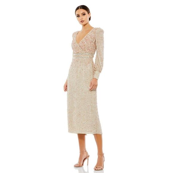 NWT Mac Duggal Sequined V Neck Bishop Nude Sleeve Dress 14 - Picture 1 of 16